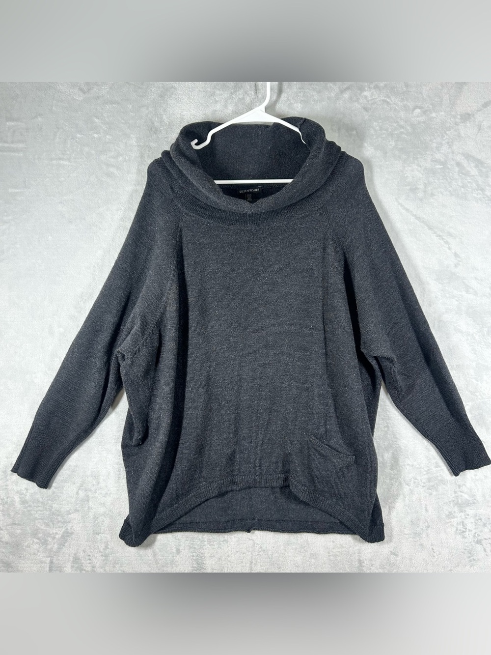 Eileen Fisher Cowl Neck Sweater Womens S Grey Merino Wool Italian Yarn Pockets
